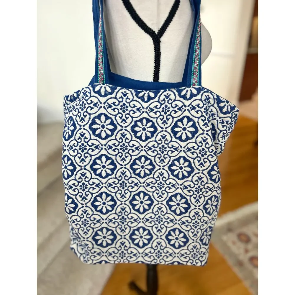 Stephanie Nicole Blue White Mosaic Beaded Floral Indian Tote Bag